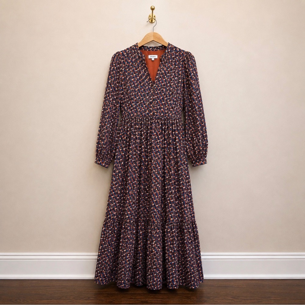 UNTUCKit Gia Red Geometric Tiered Maxi Dress Womens 8 Long Sleeve V-Neck 41287